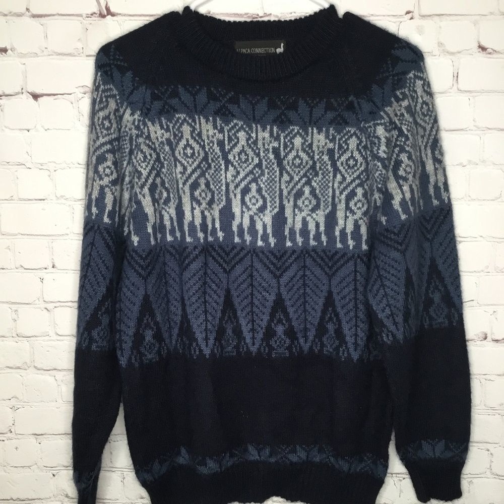 Alpaca Connection Navy Blue Knit Long Sleeve CrewNeck Sweater Men M Peru Wool